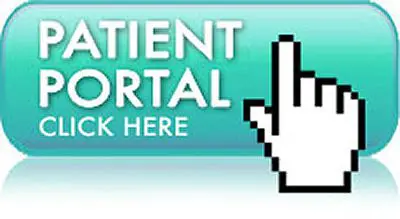 A patient portal button with a hand and mouse cursor.