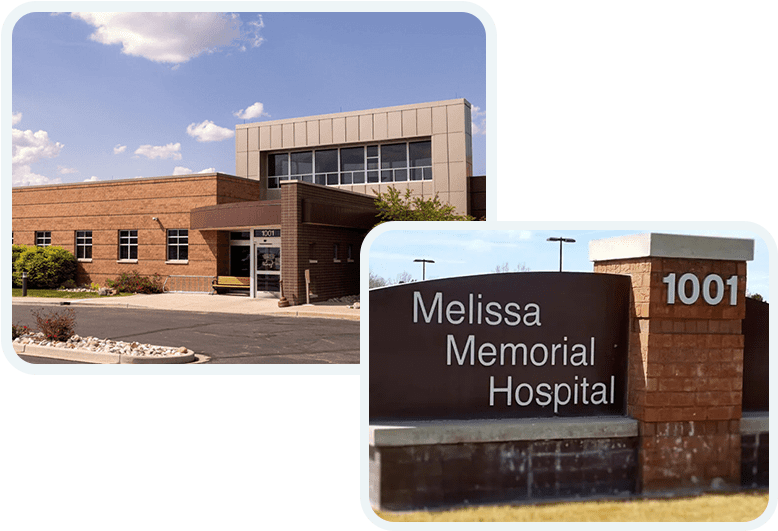 A building with the name of melissa memorial hospital on it.