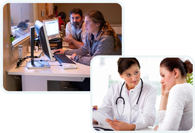 A collage of people working on computers and doctors.
