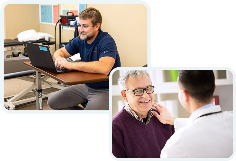 A collage of two men talking to each other.